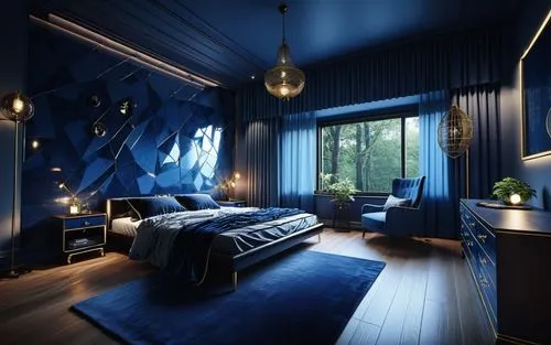 modern vila boy bedroom,dark, blue, high quality, high resolution, detail, larg window, black and dark blue, larg window, big larg window, reflective window, mirrore, court blue, velvet blue, classic 