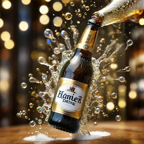 A captivating and luxurious illustration of a beer bottle, elegantly falling as it is released from its holder. The bottle is adorned with golden foaming bubbles and intricate golden letters "Have a d