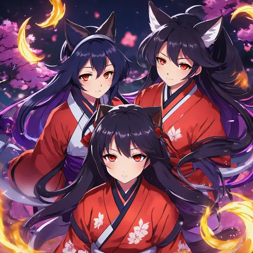 kimonos,kitsune,inari,horumonyaki,trio,fire background,nine-tailed,the three magi,fire poi,japanese icons,mukimono,fireworks background,kannushi,spring festival,long-haired hihuahua,aomoriya,haunebu,yaki,walpurgis night,magi,Illustration,Japanese style,Japanese Style 03