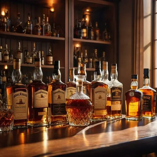 a wooden table is lined with an entire collection of Whisky bottles and bottles, each filled with a rich and textured rum. The sun's rays dance on the glass, inviting the viewer to sink in and indulge