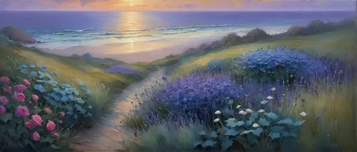 pathway,purple landscape,lupines,the road to the sea,coastal landscape,sea of flowers,sea landscape,meadow in pastel,la violetta,beach landscape,coastal road,coast sunset,sea-lavender,landscape with sea,flower in sunset,seascape,flower painting,the mystical path,lupins,summer evening,Art,Classical Oil Painting,Classical Oil Painting 44