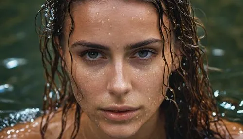 A woman with long, wet hair gazes intently into the camera, her face partially submerged in water. The water droplets on her skin glisten, and her eyes are wide with a subtle hint of sadness. The imag