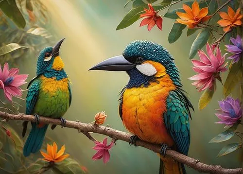 tropical birds,colorful birds,bird painting,toucans,flower and bird illustration,parrot couple,rainbow lorikeets,bird couple,songbirds,birds on a branch,hummingbirds,passerine parrots,tropical bird climber,garden birds,parrots,humming bird pair,lorikeets,tropical bird,rare parrots,tropical animals,Art,Artistic Painting,Artistic Painting 49