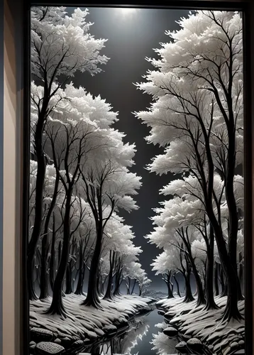 Weiss in Glasscheibe-latex-silicone-Glasdetails-farbig-wet ,burchfield,snow scene,snow landscape,snow trees,night snow,winter night,winter landscape,winter background,glass painting,korean village sno