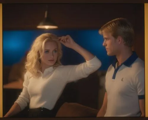 The girl is an angel with bright blue eyes and blonde hair, she is wearing a white sweater.  she is talking very lovingly to Michael. Michael has brown hair and is wearing a black polo shirt.,kuryakin