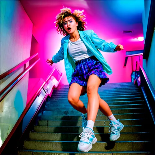 girl on the stairs,eighties,rollerskating,stairwell,retro eighties,the style of the 80-ies,stairwells,rollergirl,stairs,chachi,stairways,little girl running,stair,stairmaster,neon colors,jumping,80's design,escaleras,neon light,rollerskate,Conceptual Art,Sci-Fi,Sci-Fi 28