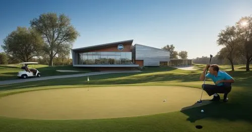 Golf clubhouse on a summer day with some clouds in the sky. Blue club logo over the entrance. Some people sitting on the terrace. A player on the green with club in his hand near his ball and the hole