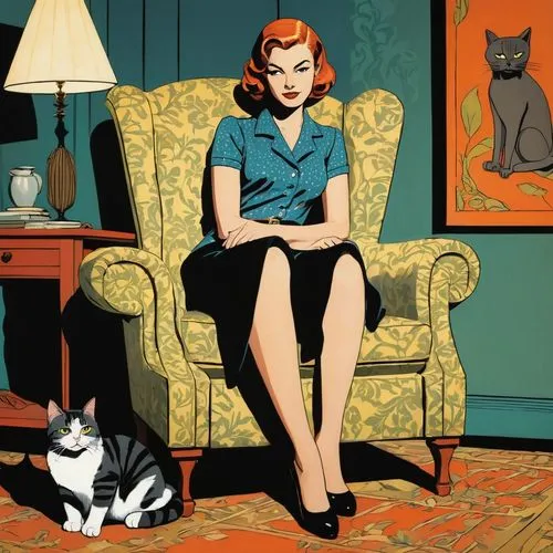 mcginnis,whitmore,rahne,brubaker,selina,woman sitting,shadowcat,palmiotti,cassaday,vintage cats,blumstein,vintage illustration,vintage cat,retro women,retro woman,cool pop art,mckelvie,bluemner,sekowsky,fleischer,Illustration,American Style,American Style 09