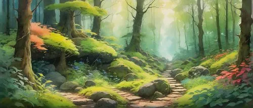 Whimsical forest, Studio Ghibli style, lush greenery, vibrant wildflowers, tall trees with twisted branches, soft sunlight filtering through leaves, misty atmosphere, gentle breeze rustling leaves, sm