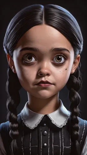 Close-up portrait charicature of Wednesday Addams (Jenna Ortega), capturing his grotesque and comical features in a detailed, realistic manner. Render in the style of The Addams Family movie, trending