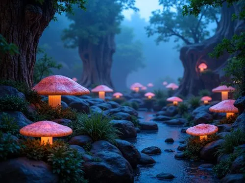 mushroom landscape,fairy forest,fairy village,fairy lanterns,mushroom island,elven forest,lanterns,forest mushrooms,fairy house,umbrella mushrooms,fairy world,toadstools,forest of dreams,fairytale forest,fantasy landscape,umbrellas,mushrooms,3d render,enchanted forest,japanese umbrellas