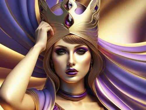 a woman wearing a large purple and gold hat,wadjet,hathor,sekhmet,nephthys,priestess,zodiac sign libra,Illustration,Realistic Fantasy,Realistic Fantasy 45