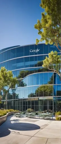 Modern Google headquarters building, sleek glass exterior, curved lines, futuristic design, metallic accents, rooftop garden, vibrant greenery, sunny California sky, clear blue pool water, reflective 