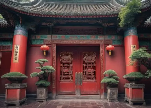 Chinese traditional-style building, ancient architecture, intricately carved wooden doors, vibrant red walls, golden roof tiles, majestic columns, ornate lanterns, lush greenery surroundings, misty mo