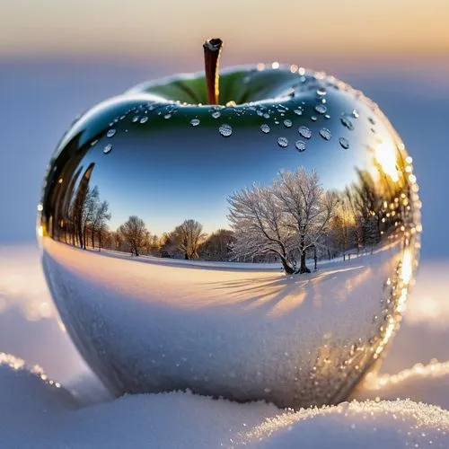 closeup professional photograph reflection of a winter_snow_scene at sunset, seen in a perfect polished chrome apple, sitting on fresh snow and glistening with dew drops,frozen bubble,snow globes,snow