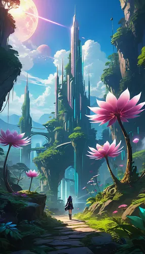 fantasy landscape,mushroom landscape,fairy world,futuristic landscape,fantasia,3d fantasy,fantasy picture,cg artwork,fantasy world,fairy village,skyflower,mushroom island,fairy forest,concept art,bird kingdom,game illustration,game art,sacred lotus,landscape rose,cosmos field,Illustration,Realistic Fantasy,Realistic Fantasy 01