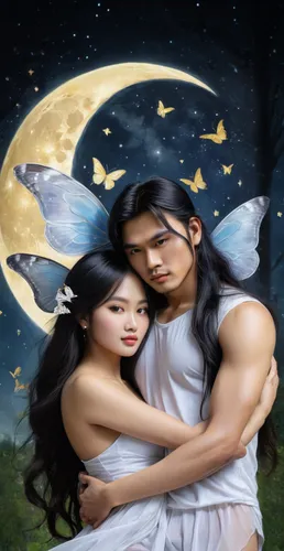 fantasy picture,cupido (butterfly),moon and star background,herfstanemoon,the moon and the stars,celestial bodies,romance novel,fairy tale character,children's fairy tale,a fairy tale,fairy tale,moon and star,adam and eve,callophrys,fantasy art,sci fiction illustration,amorous,shepherd romance,zodiac sign gemini,the night of kupala