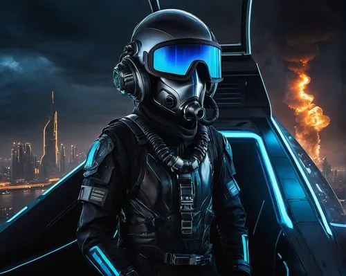 Siarc, futuristic spaceship, metallic silver, neon blue lights, sleek design, cockpit with holographic display, pilot in a black jumpsuit, oxygen mask, futuristic helmet, intricate mechanical details,