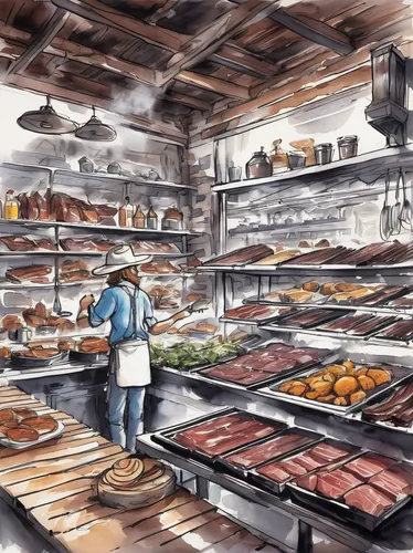 Imagine a bustling smokehouse with live country music entertainment.,meat counter,seafood counter,grocer,fishmonger,butcher shop,watercolor shops,fish market,grocery,grilled food sketches,market stall