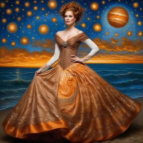 a dazzling extravagant Jupiter-inspired evening gown with swirling yellowish, orange, and brown patterns, and white bands, shimmering like the surface of (Jupiter) itself. Background: starlit sea with