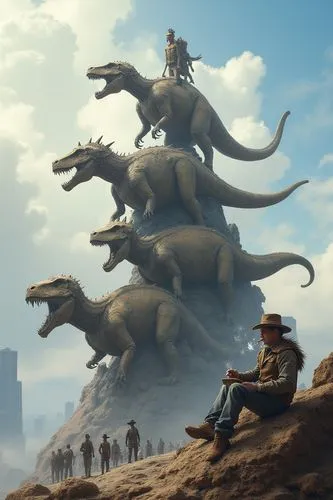 A group of broken mechanical dinosaurs stacked on top of each other. There was a cowboy sitting on the top of the mountain, smoking a cigarette leisurely and looking at the sky. The background is a fu