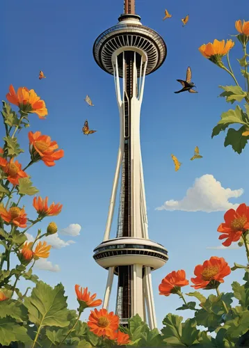 Compose a lively and energetic song about the Toronto Space Needle.,space needle,seattle,bird tower,the needle,sky tower,flower and bird illustration,tantalus,observation tower,international towers,fl