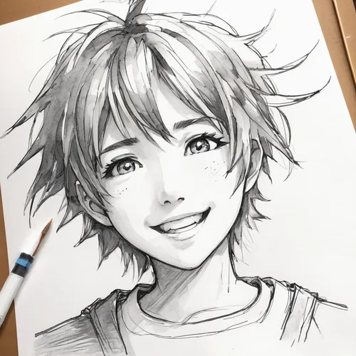 Draw an easy anime character with a happy expression,hinata,anime boy,tracer,a girl's smile,graphite,copic,2d,charcoal pencil,shouta,pencil frame,a smile,smiling,mechanical pencil,rei ayanami,girl por