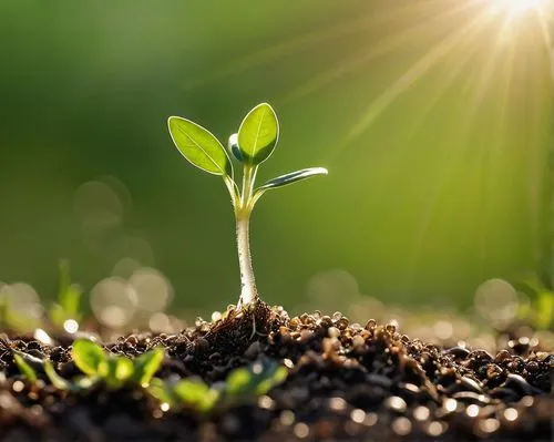 small seed, green sprout, gentle growth, soil surrounding, roots digging deep, sunlight shining down, warm temperature, humid air, dew droplets, natural texture, soft focus, macro photography, shallow