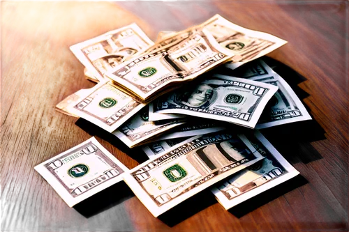 Dollar bills, scattered on wooden table, crumpled papers, morning sunlight, shallow depth of field, warm color tone, cinematic lighting, close-up shot, detailed textures, realistic shadows, soft focus