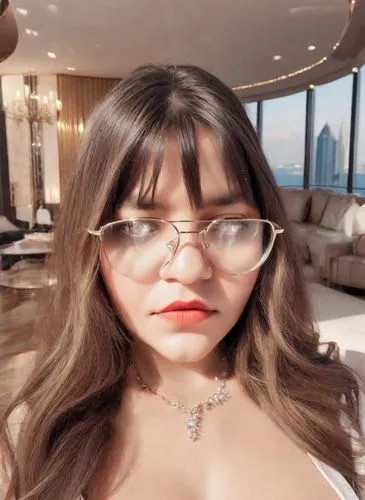 woman with glasses looking at the camera from a large room,poki,anfisa,natashquan,jungwirth,thongsuk,snapstream,Photography,Realistic