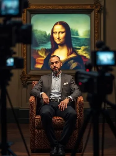  The location is a modern day press conference. I am being interviewed while sitting on the Mona Lisa chair. There is a large monitor behind the Mona Lisa. The monitor displays a modern Mona Lisa with