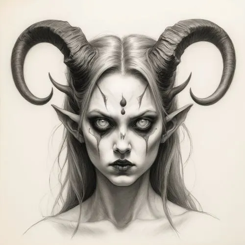 demoness,horned,faun,horns,baphomet,hekate,demona,devil,demonata,satyr,belphegor,satana,taurus,dark elf,oni,asmodeus,alecto,demonology,malefic,oryxes,Illustration,Black and White,Black and White 35