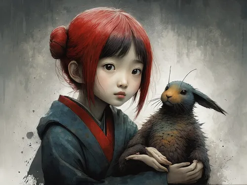 japanese art,red bird,geisha girl,cherry japanese,world digital painting,bird painting,the japanese doll,shirakami-sanchi,red beak,little bird,mystical portrait of a girl,child portrait,japanese doll,geisha,digital painting,japanese woman,studio ghibli,chinese art,japanese kawaii,pecking,Illustration,Abstract Fantasy,Abstract Fantasy 18