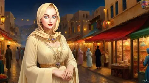 Romantic masterpiece oil painting, beautiful curvy woman portrait, tight abaya dress, nostalgic 1950's style kitsch, breathtaking beautiful epic vast landscape, Middle Eastern majestic scenery, street