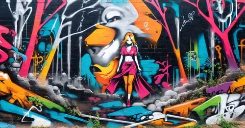 there is a woman that is standing in front of the wall,graffman,graffiti,graffiti art,graffitti,grafitti,graff,Conceptual Art,Graffiti Art,Graffiti Art 07