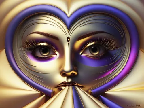 an abstract fractaic portrait with the eyes close together,art deco woman,sadhana,mirror of souls,decorative figure,golden mask,golden heart,Illustration,Realistic Fantasy,Realistic Fantasy 45