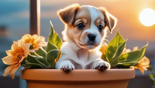 cute puppy,flower background,flowerpot,potted flowers,flower pot,wooden flower pot,Photography,Artistic Photography,Artistic Photography 03