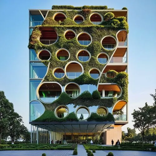 an unusual building with plant covering the facade,building honeycomb,cubic house,hotel w barcelona,multistorey,apartment building,honeycomb structure,Photography,Artistic Photography,Artistic Photogr