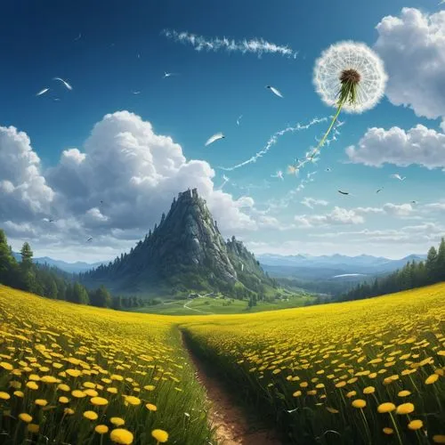 dandelion background,dandelion field,dandelion flying,flying dandelions,dandelion meadow,dandelions,dandelion,dandelion flower,dandelion parachute ball,sunflower field,common dandelion,blooming field,taraxacum,flower field,hawkbit,daffodil field,dandelion seeds,meadow landscape,spring meadow,landscape background,Illustration,Abstract Fantasy,Abstract Fantasy 01