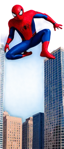 Spider-Man, teenage boy, red and blue full-body spandex suit, web shooters on wrists, mask covering face, messy brown hair, athletic build, dynamic pose, jumping in mid-air, city skyscraper background