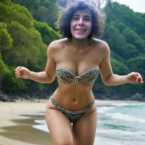 strapless g-string bikini, thick thighs, big ass, pale skin, pot belly, small breasts, at the beach, doing a straddle jump,thighpaulsandra,laucala,bikindi,waikaremoana,joumana,treemonisha,tassafaronga