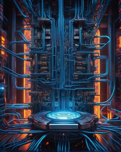 Neural Network Architecture, futuristic laboratory background, complex circuitry, glowing blue wires, intricate motherboard, metallic structure, futuristic ambiance, soft neon lighting, 3D rendering, 