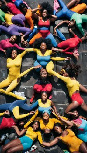 Photography of a big and massively group of african women in spandex bodies, piled on top of each other in a big mess in the limited space. In front of the women is a dark concrete doorway from which 