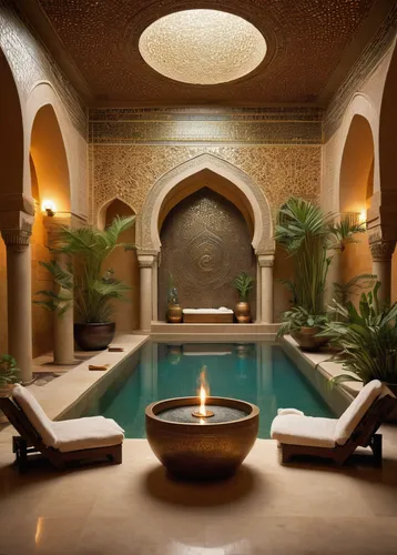 luxury hammam spa, steamy atmosphere, mosaic tiles, marble benches, warm ambient lighting, spa attendant, traditional attire, pouring water, exfoliating skin, foam massage, relaxed posture, towel wrap