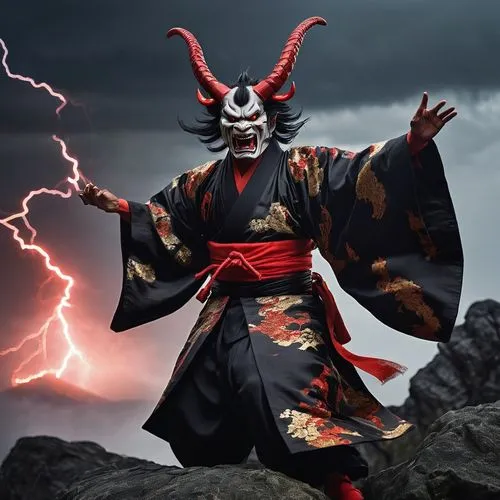 Demon kaizoku oni, red skin, horns, sharp teeth, menacing grin, glowing eyes, black hair with red streaks, ornate kimono, golden obi, dramatic fluttering sleeves, dynamic pose, standing on a rocky cli