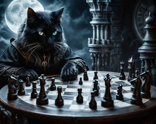 chess player,chess game,chess,play chess,chess pieces,chess men,chess piece,black cat,halloween cat,fantasy picture,halloween black cat,cat image,dark art,chessboard,chess board,the cat and the,dark gothic mood,vertical chess,the cat,black magic,Conceptual Art,Fantasy,Fantasy 34