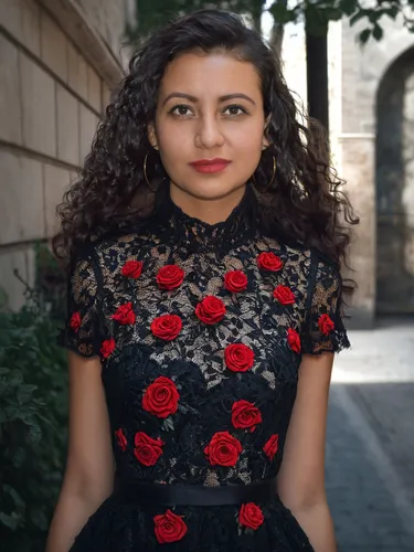 girl with black lace dress, the dress have emboidery red roses.,social,quinceañera,girl in a historic way,young model istanbul,jordanian,rosa bonita,portrait background,iranian,girl in flowers,miss ci