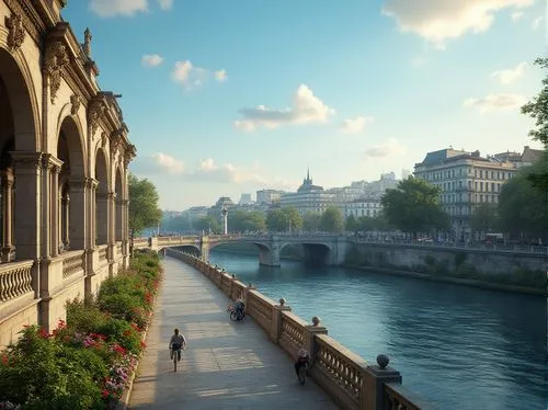 Ornate balustrades, grand bridge, urban landscape, daytime, blue sky with few clouds, stone or marble material, intricate carvings, ornamental railings, majestic arches, pedestrian pathway, cyclist, r