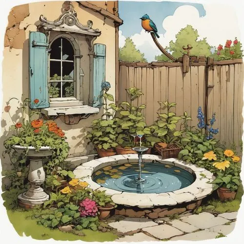 bird bath,birdbaths,birdbath,garden pond,wishing well,garden birds,Illustration,Children,Children 04