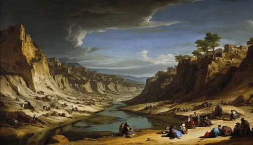 the twelve apostles,river landscape,genesis land in jerusalem,mountain scene,robert duncanson,pilgrims,desert landscape,coastal landscape,valley of desolation,landscape with sea,the landscape of the mountains,panoramic landscape,school of athens,mountainous landscape,karst landscape,beach landscape,landscape,desert desert landscape,brook landscape,mountain landscape,Art,Classical Oil Painting,Classical Oil Painting 26